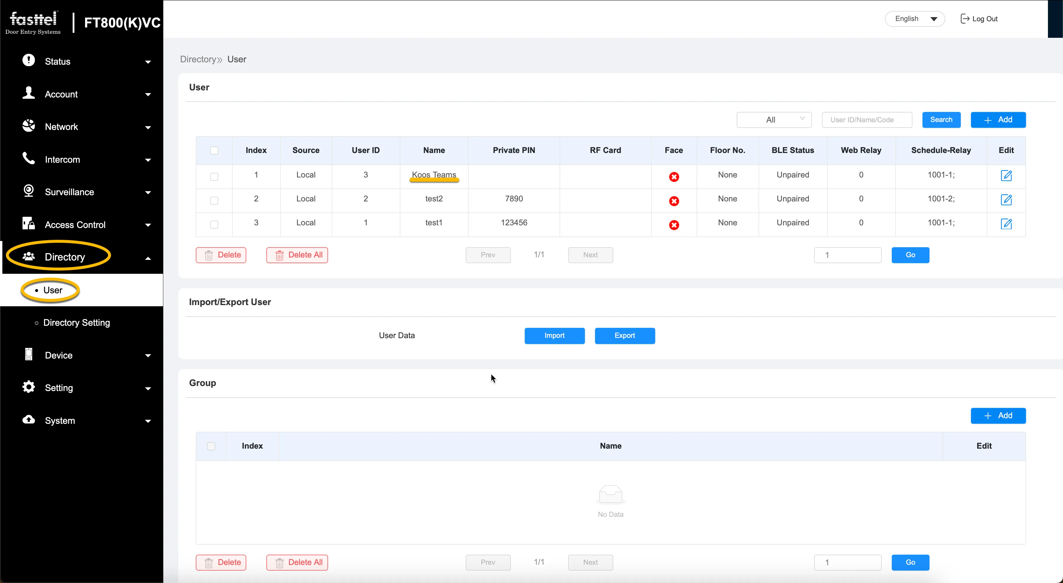 Fasttel FT800 - Directory - User - User added