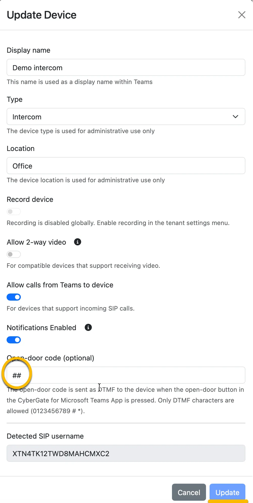 Edit device - Modify Open-door code