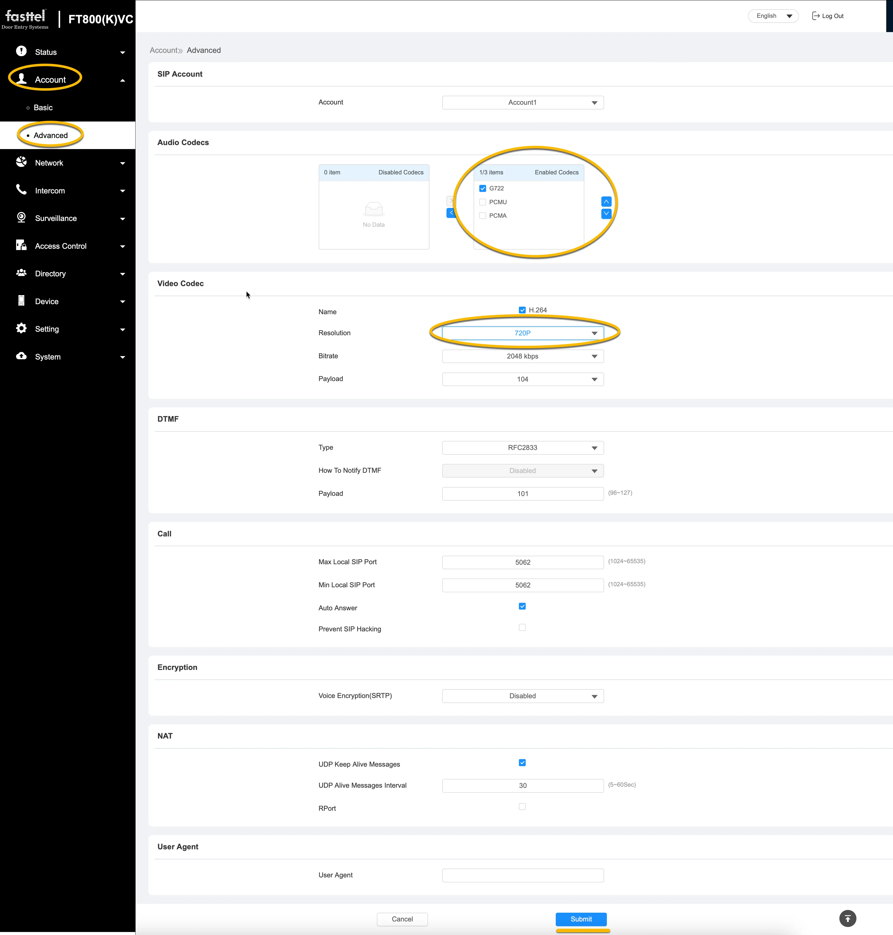 Fasttel FT800 - Account - Advanced