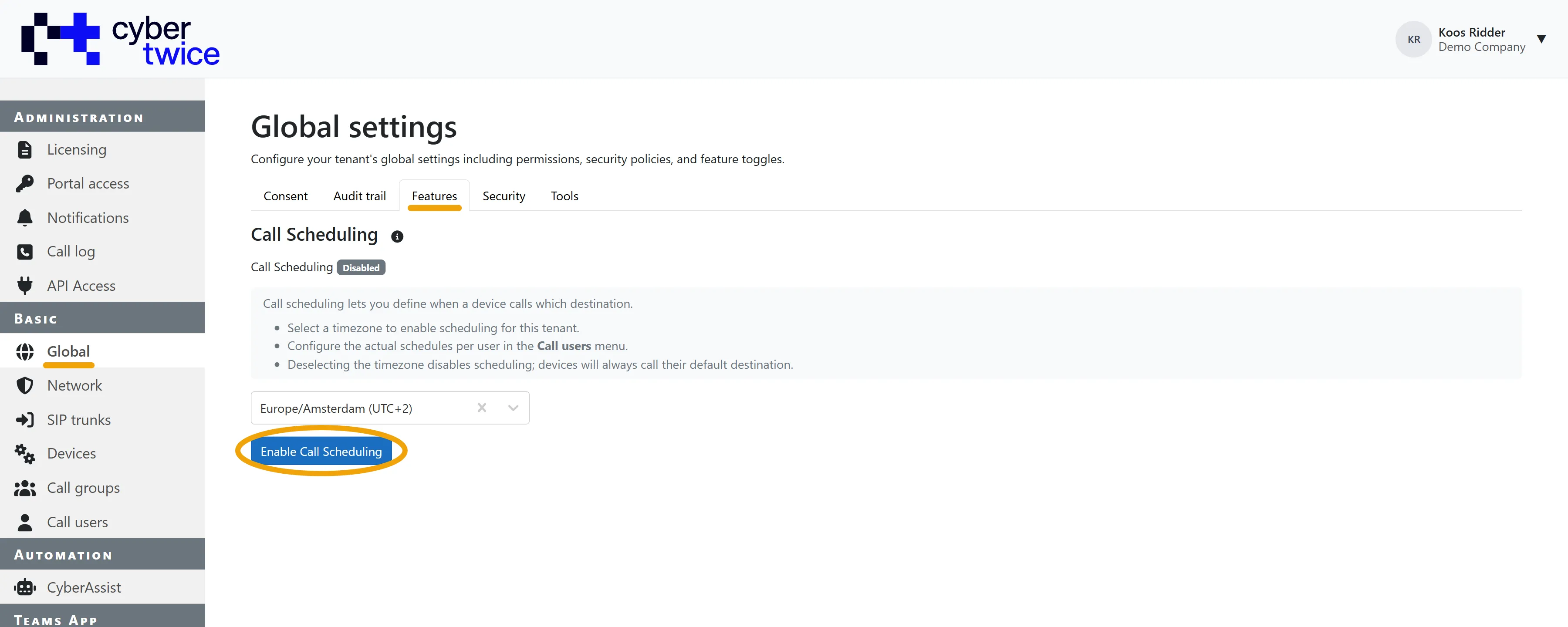 Basic - Global - Enable call scheduling