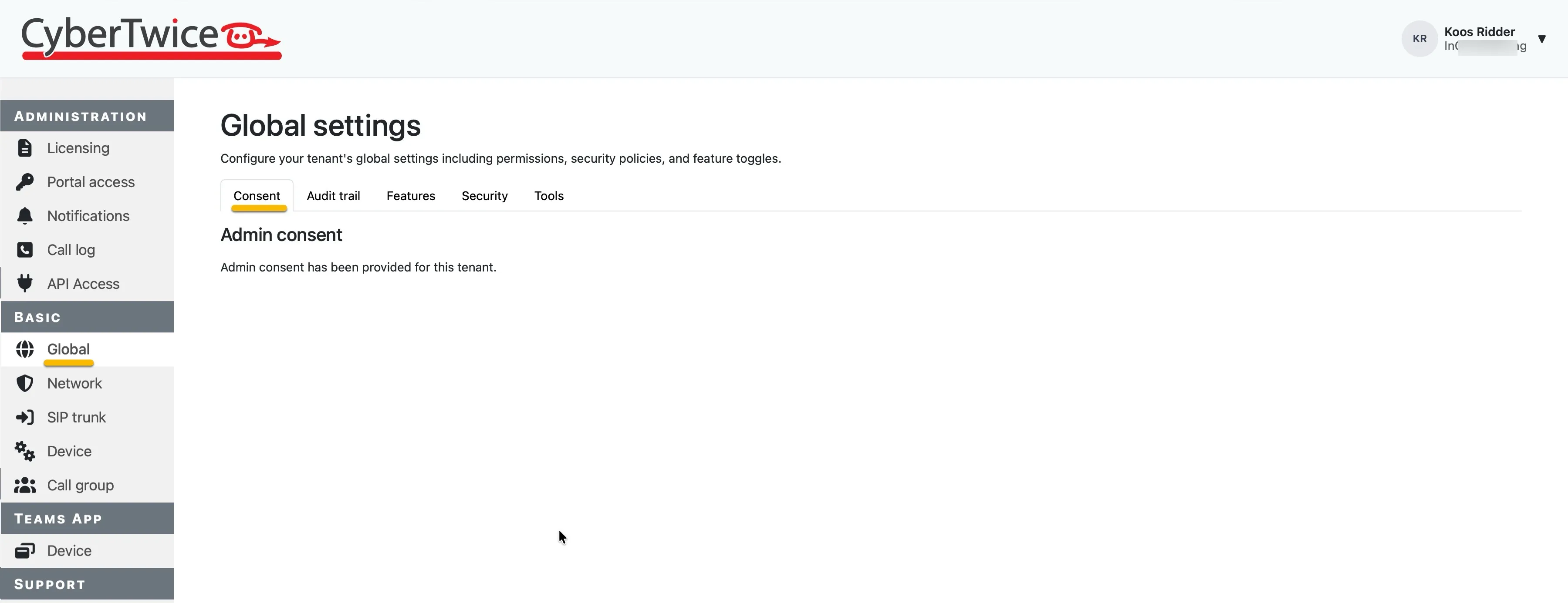 CyberGate management portal ‘Global’ - Admin consent provided