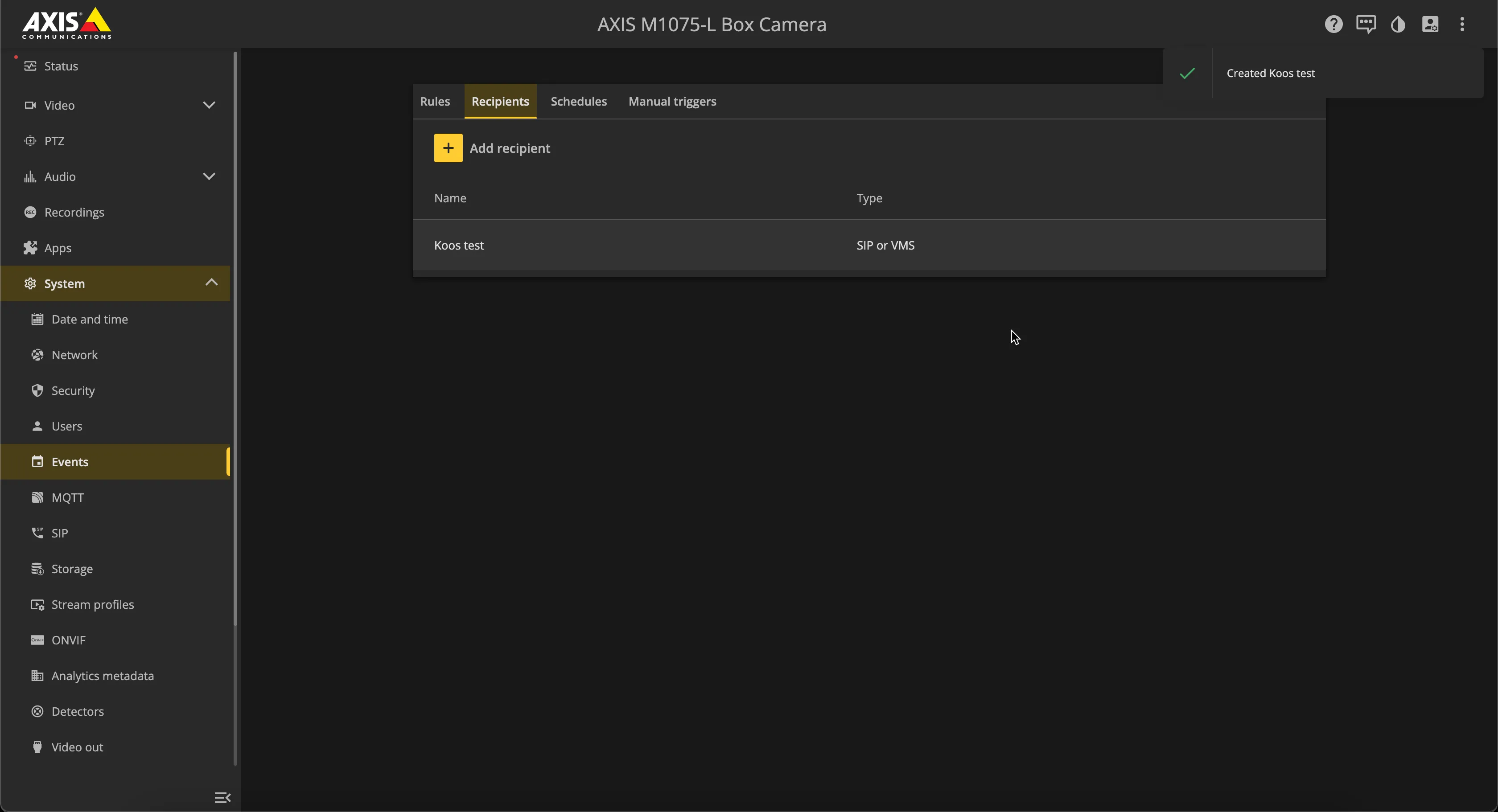 AXIS - System - Events - Recipients - Recipients added