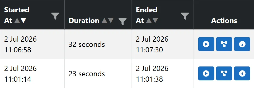 The Replay, Call Overview and Events buttons in the Actions column