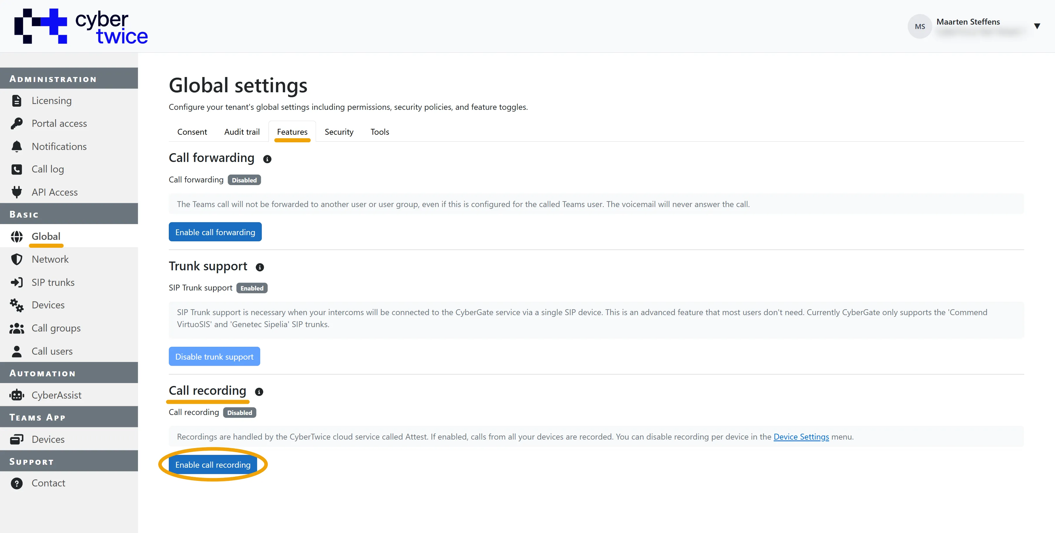 Basic - Global - Features - Enable call recording
