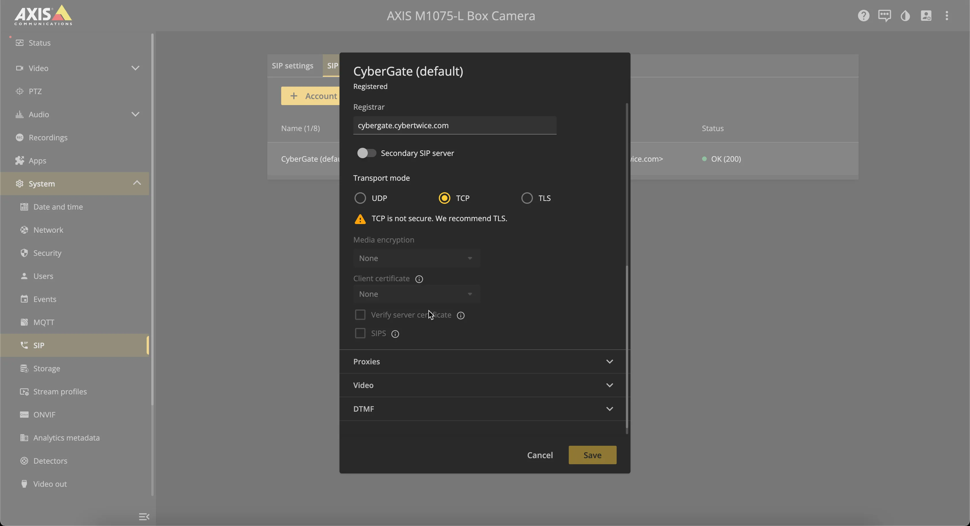 AXIS - SIP configuration TCP