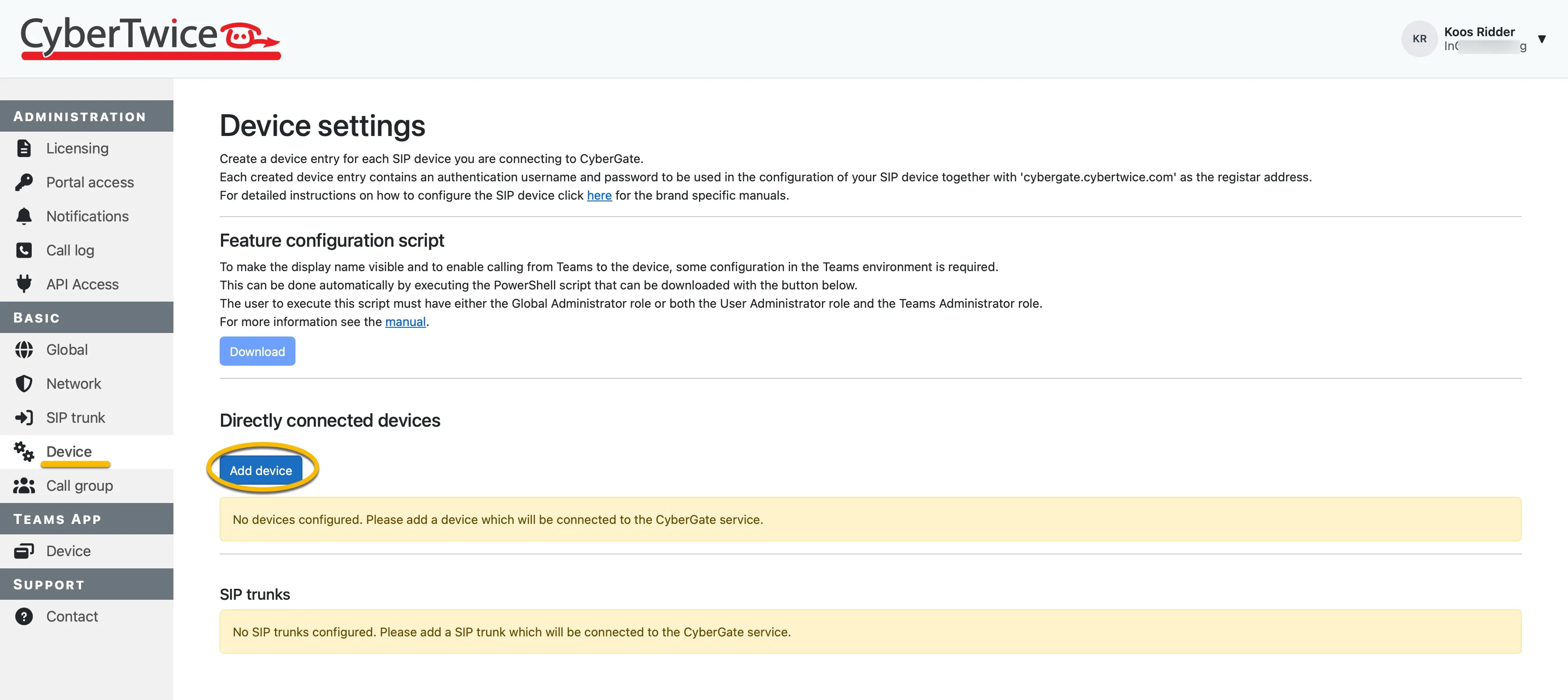 CyberGate management portal ‘Device’ - ‘Add device’