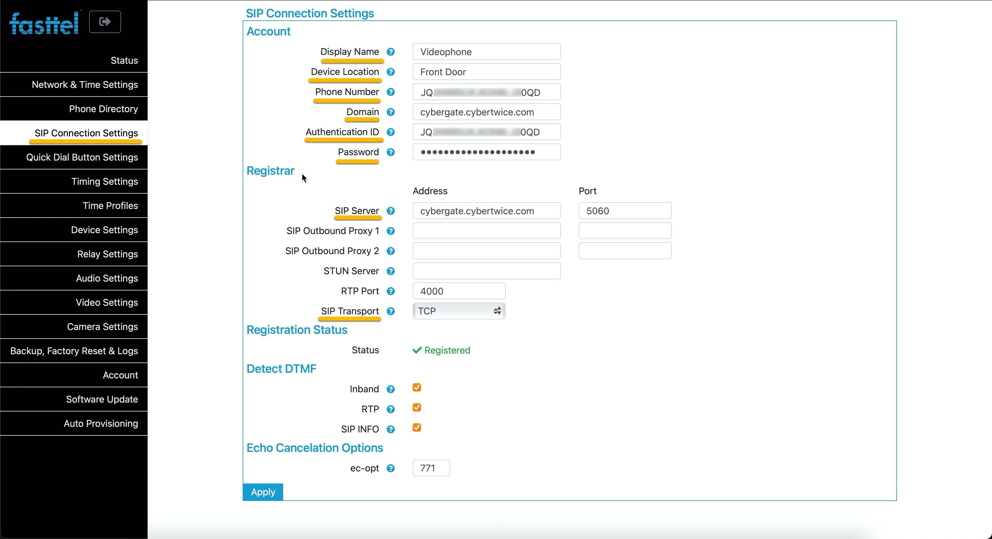 Fasttel - SIP Connection Settings Fasttel - SIP Connection Settings
