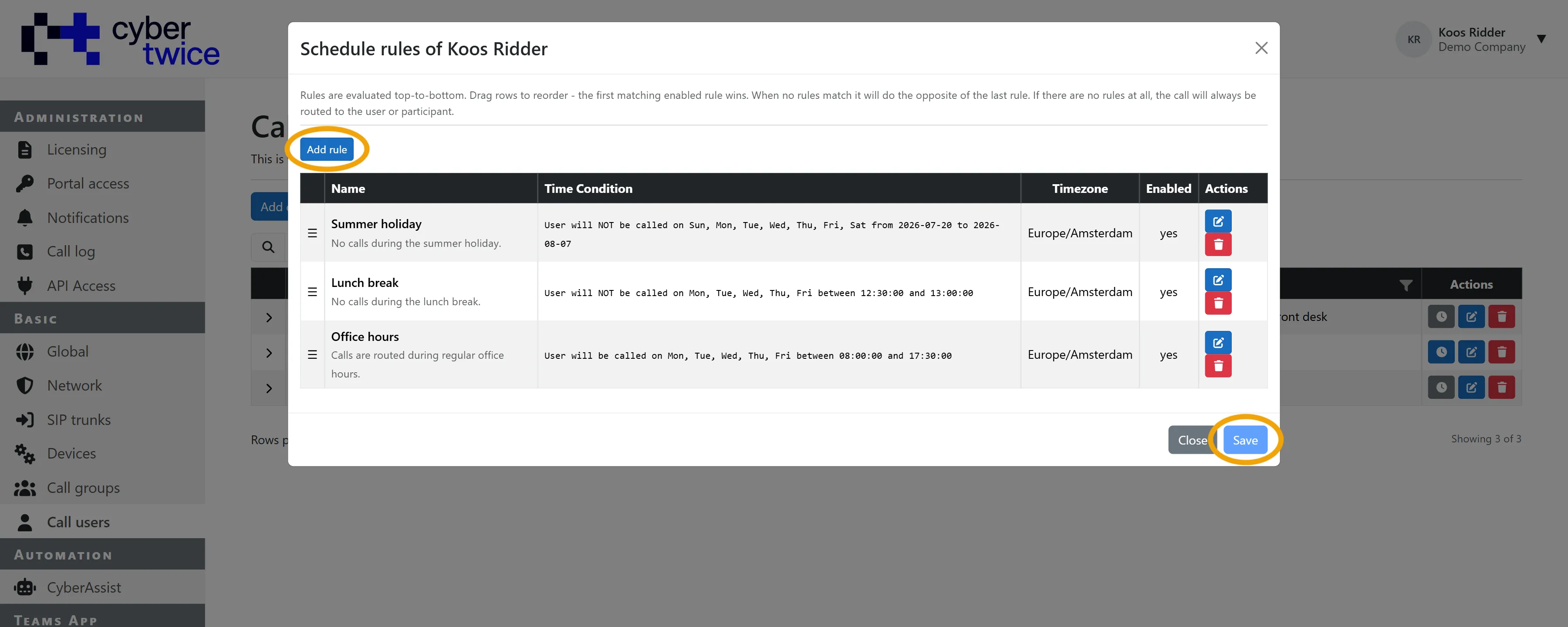 Basic - Call users - Schedule rules