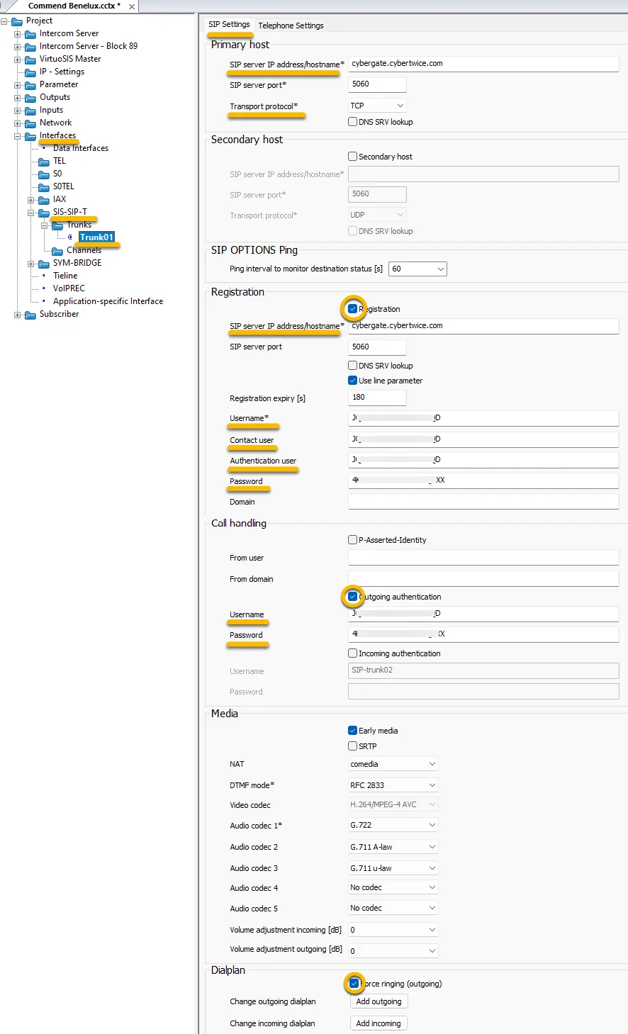 VirtuoSIS - SIP settings