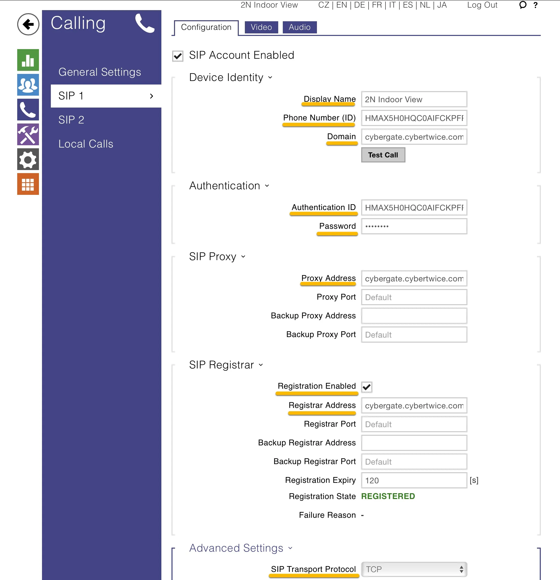 2N - SIP settings configured