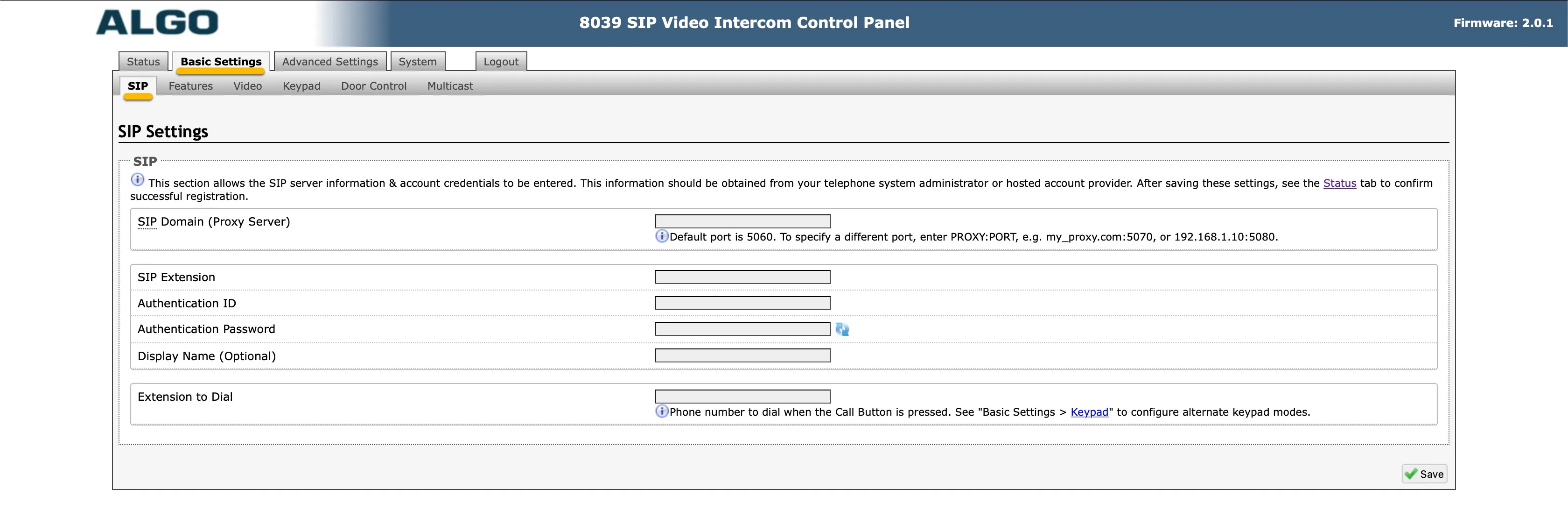 Algo - Basic Settings - SIP