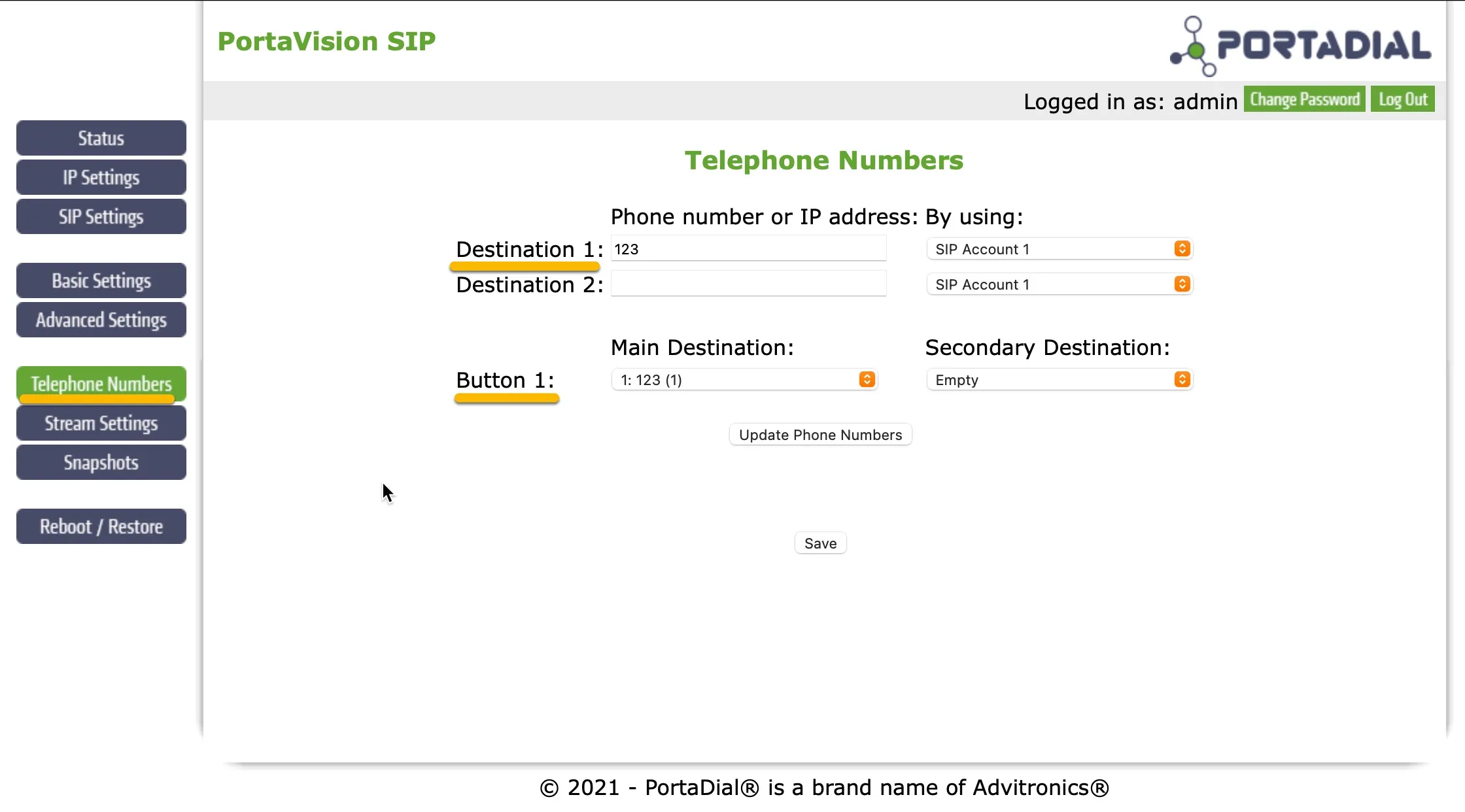 PortaVision SIP  - Telephone Numbers