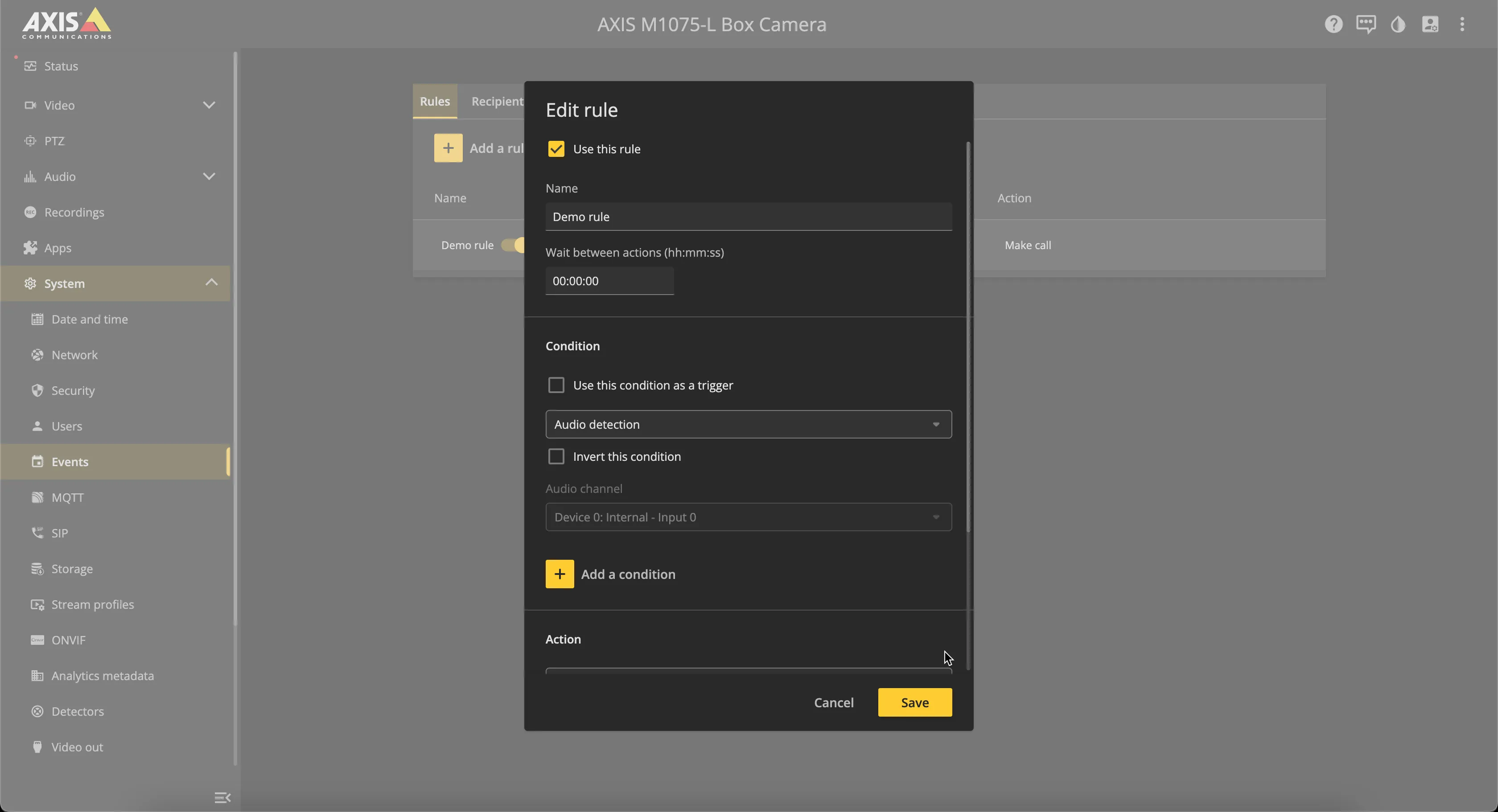AXIS - System - Events - Rules - Add Rule