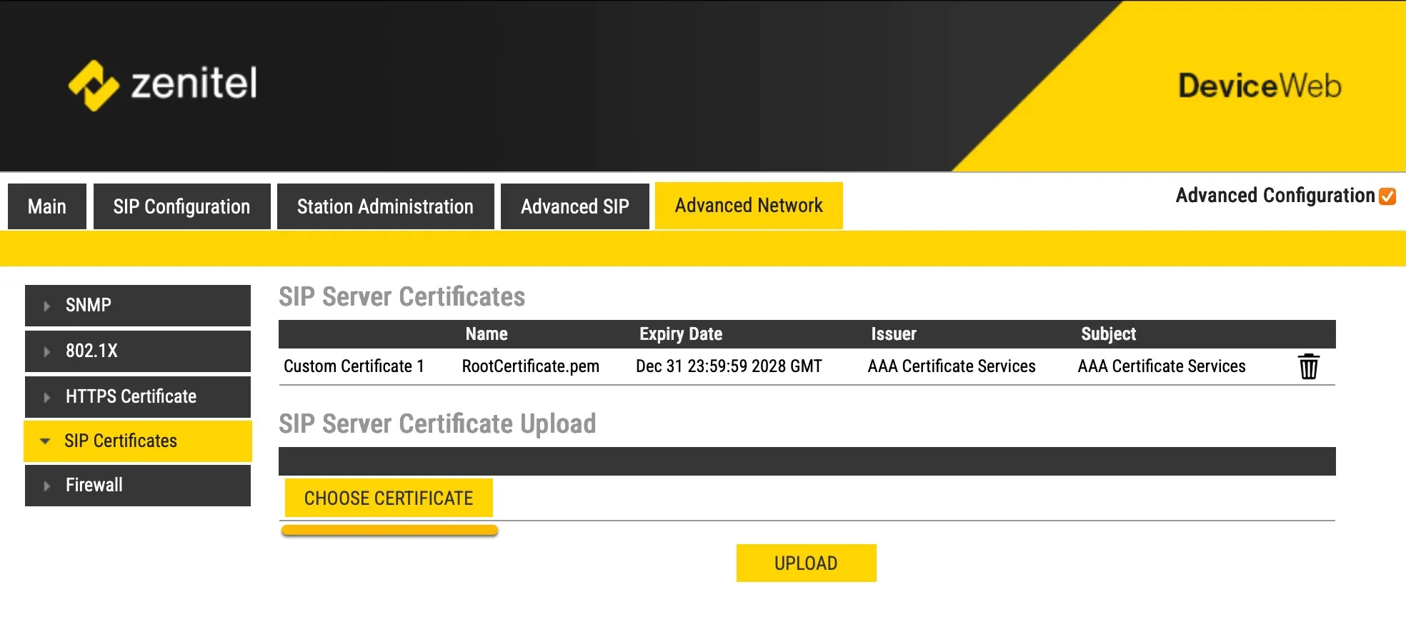 Zenitel - Advanced configuration - Choose certifica