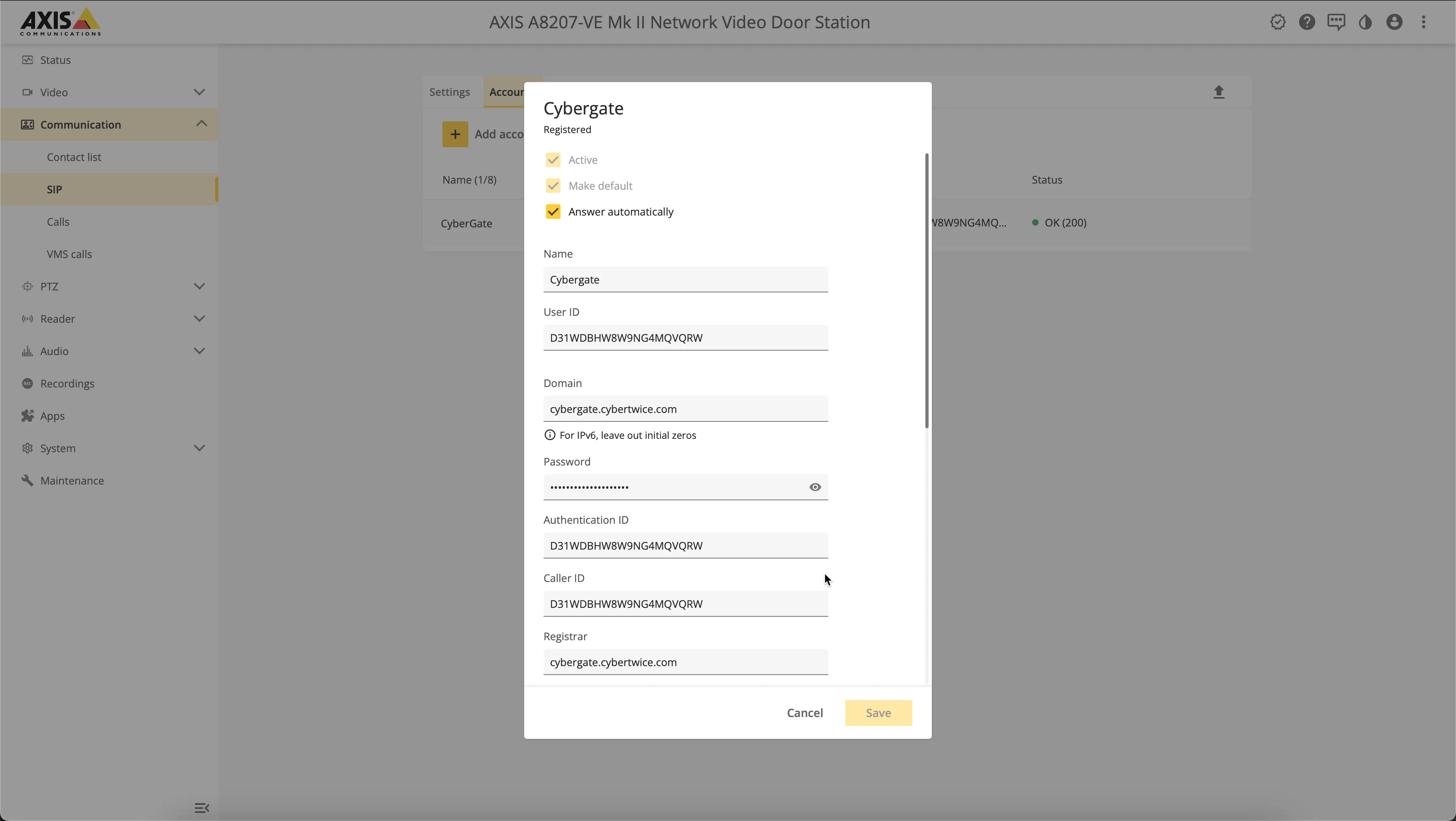 AXIS - SIP settings