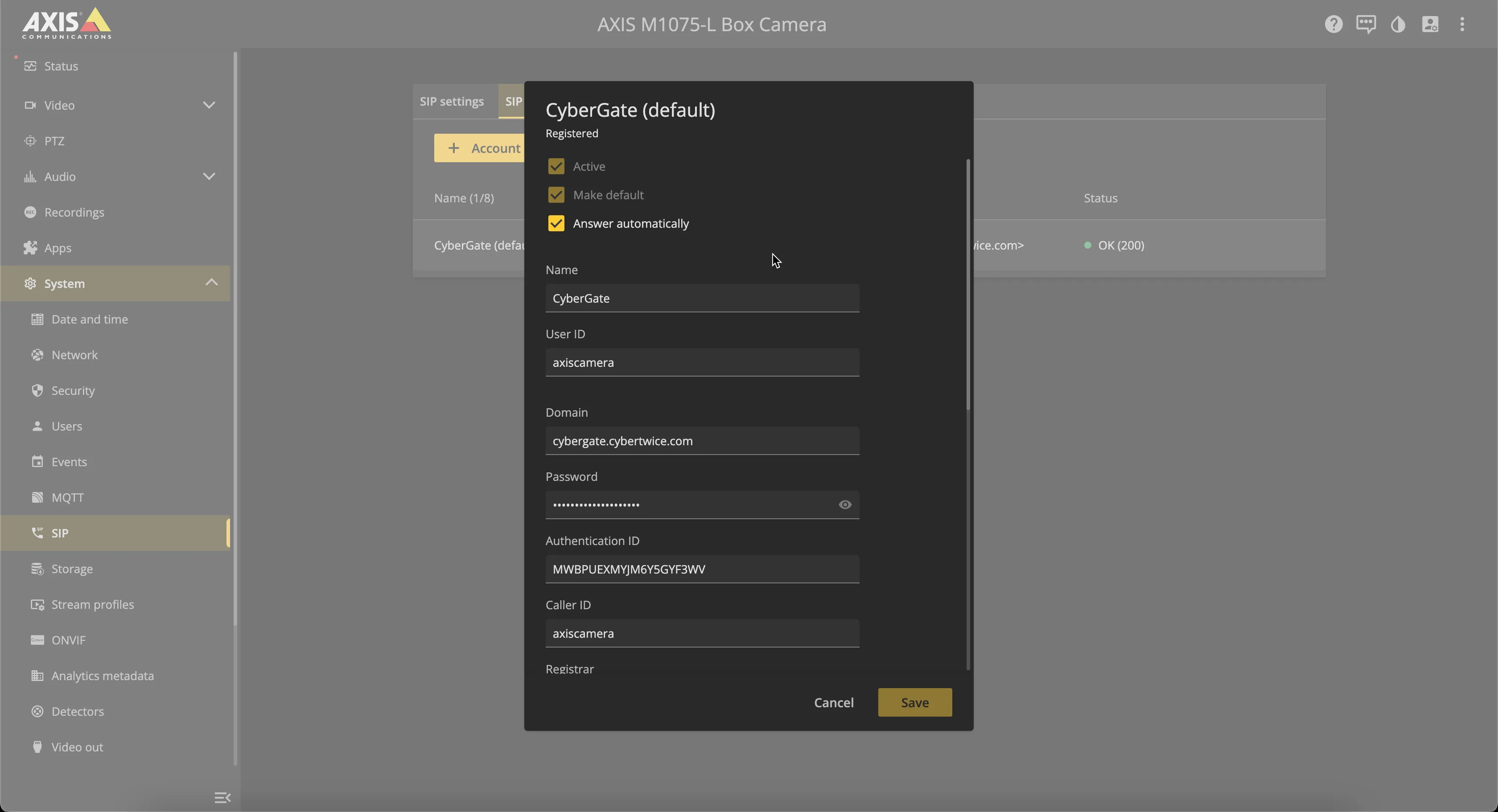 AXIS - SIP configuration