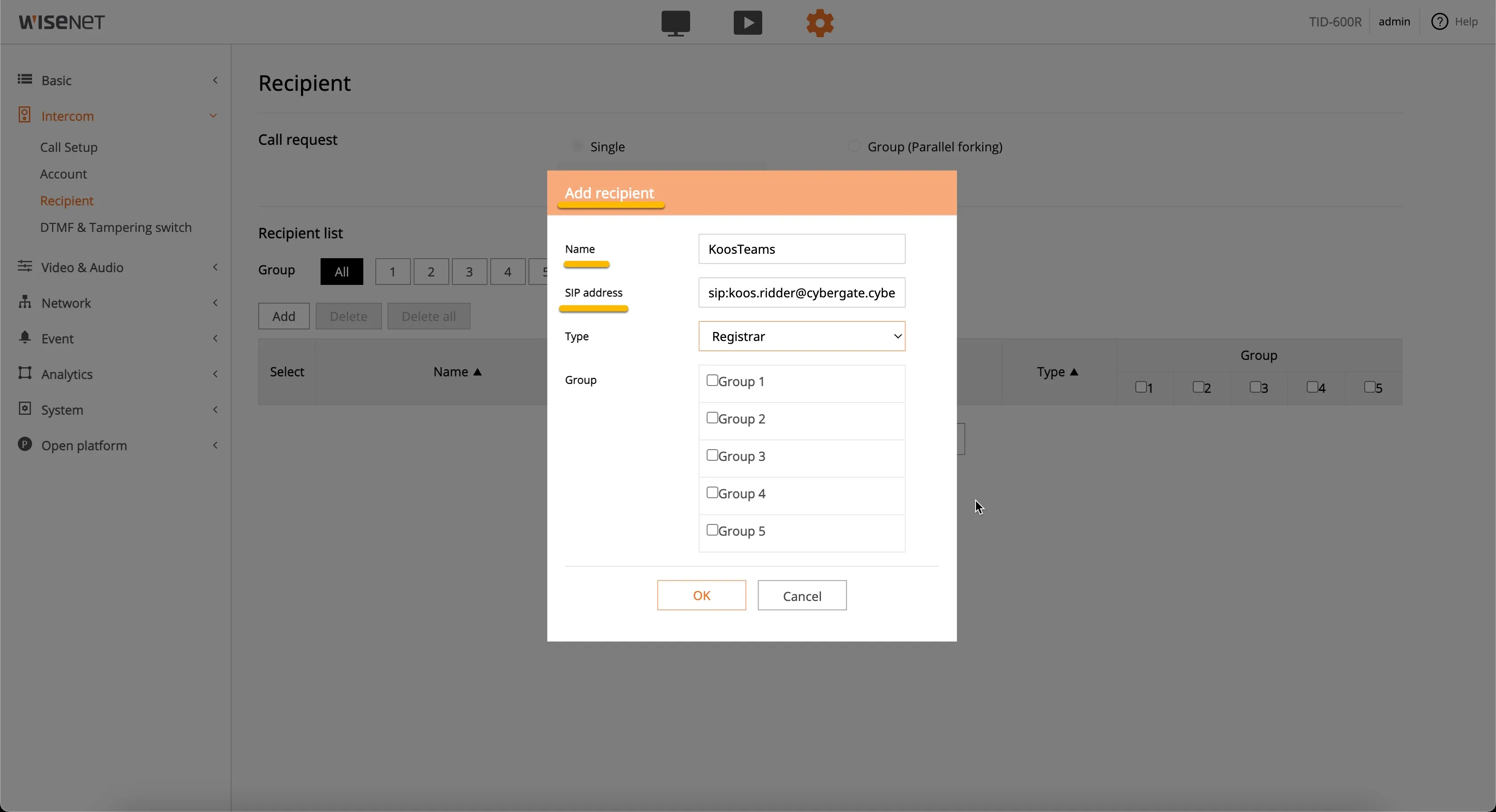 Hanwha - Receptient - Add receptient Hanwha - Receptient - Add receptient
