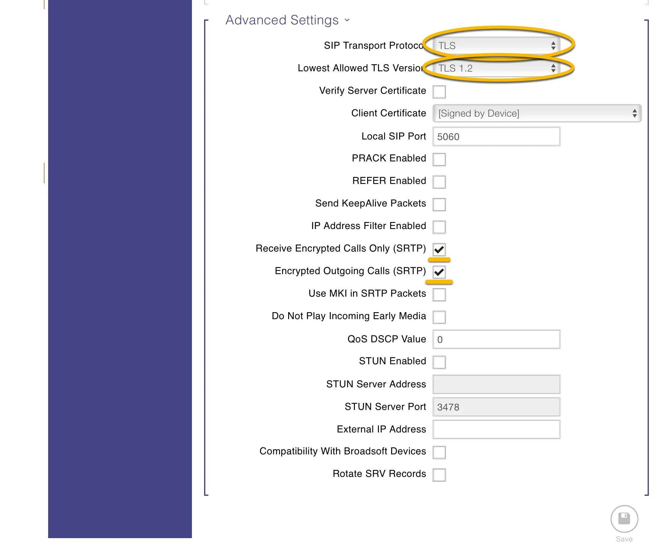 2N - SIP settings configured for TLS