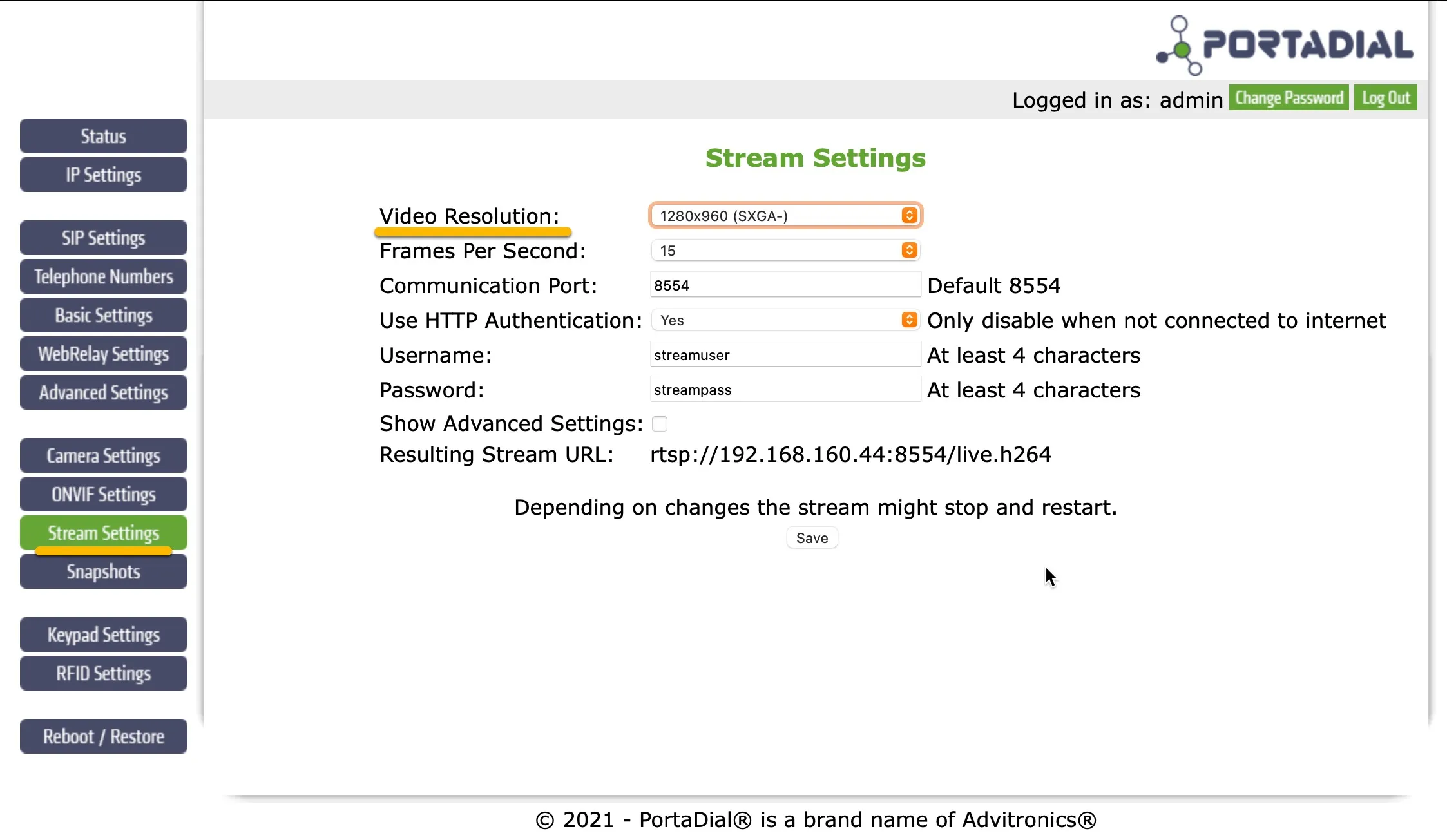 PortaDial Elgo - Stream Settings