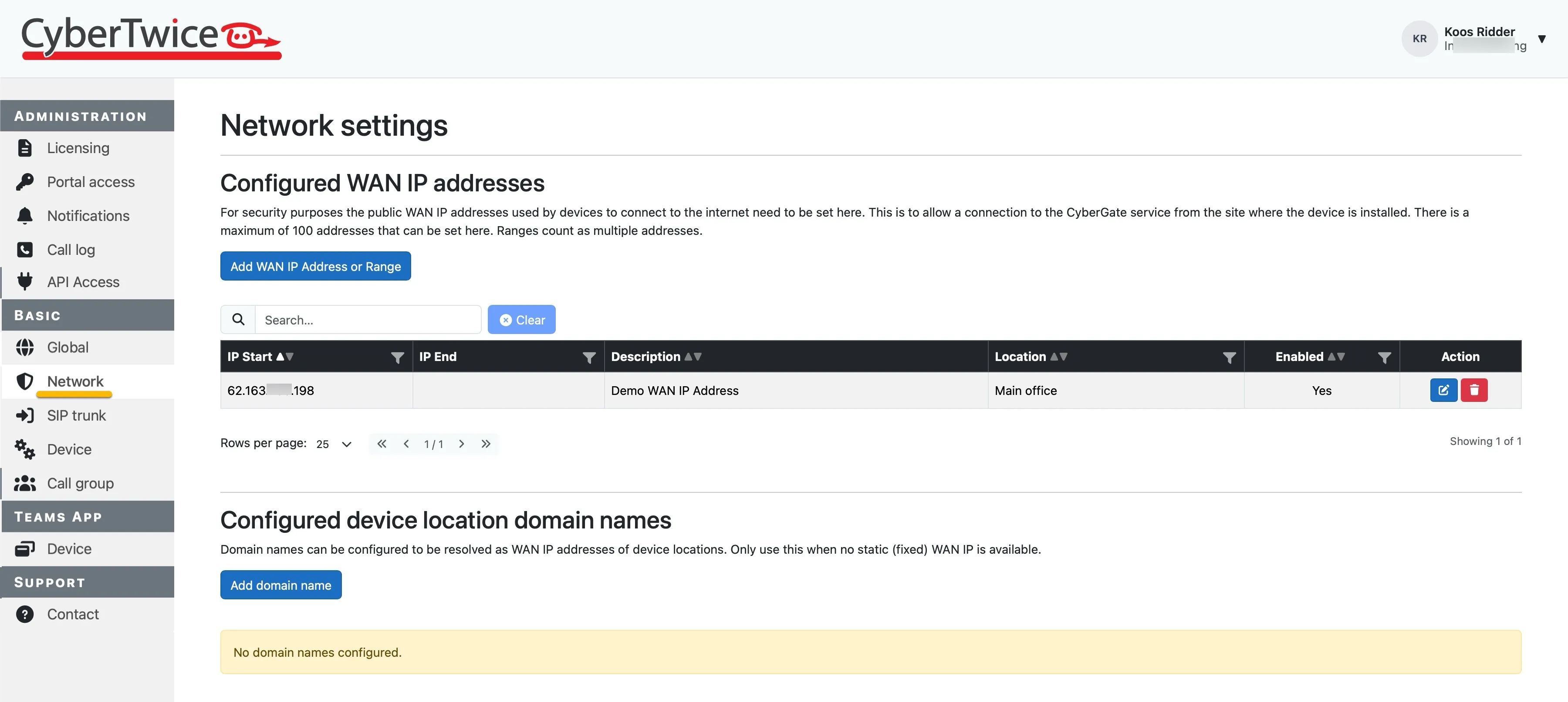 CyberGate management portal ‘Network’ - WAN IP address configured