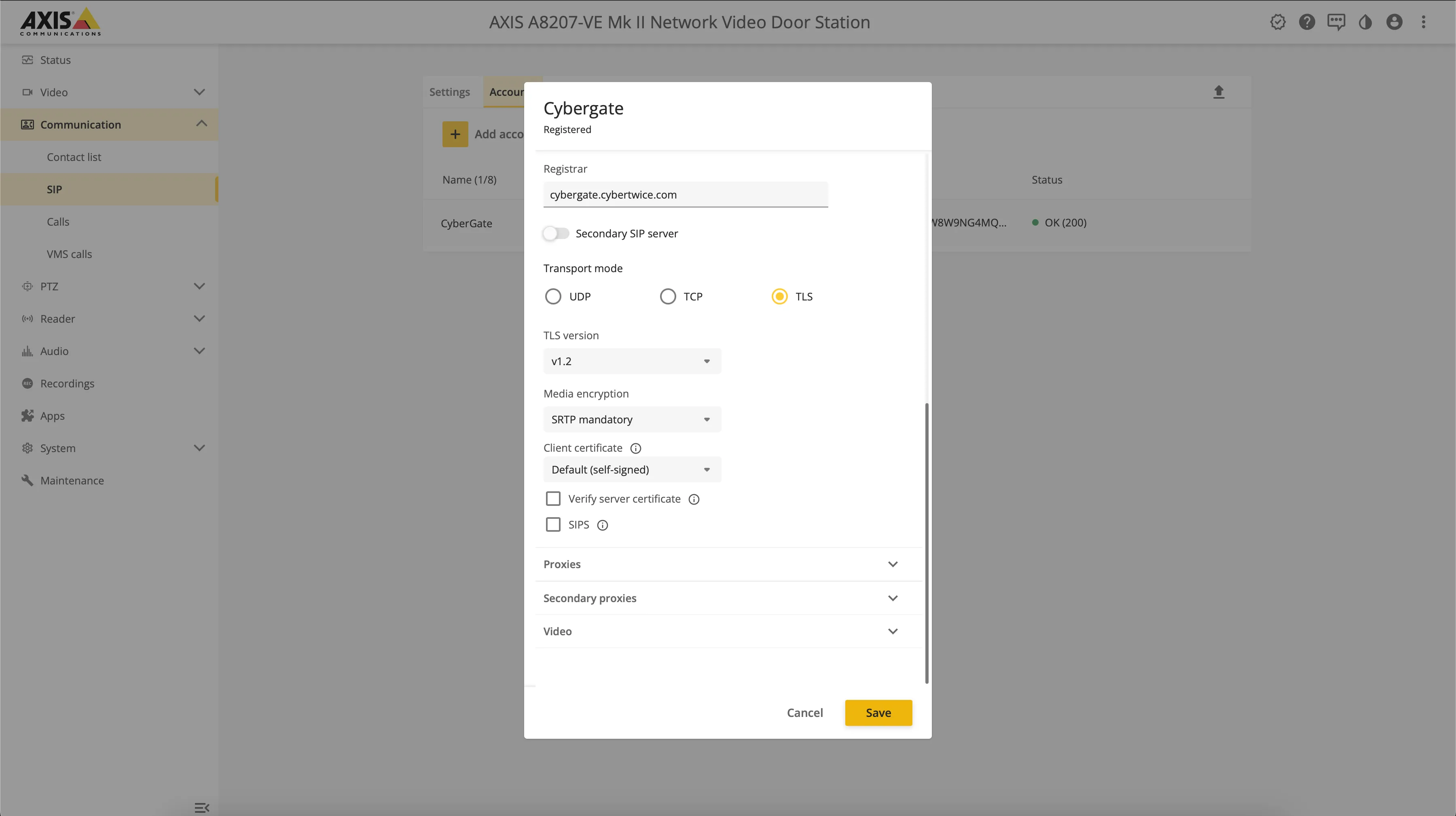 AXIS - Set to TLS