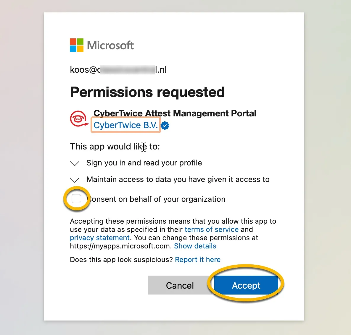 ATTEST management portal ‘Permissions request’