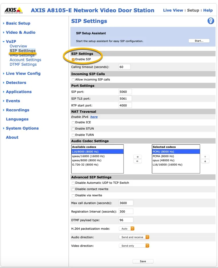 AXIS - SIP Settings - Enable SIP