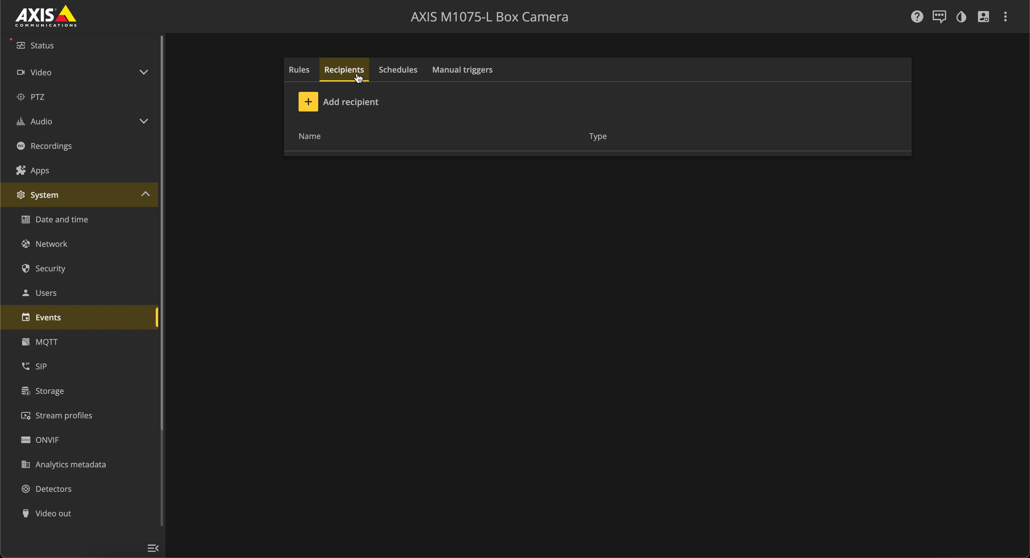 AXIS - System - Events - Recipients