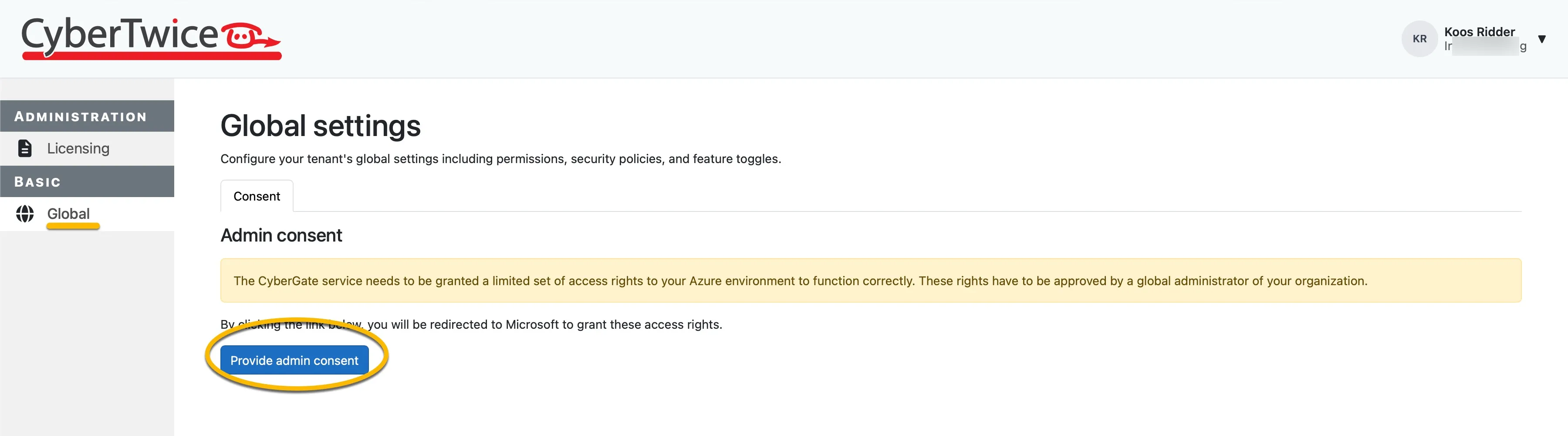 CyberGate management portal ‘Global’ - Provide admin consent