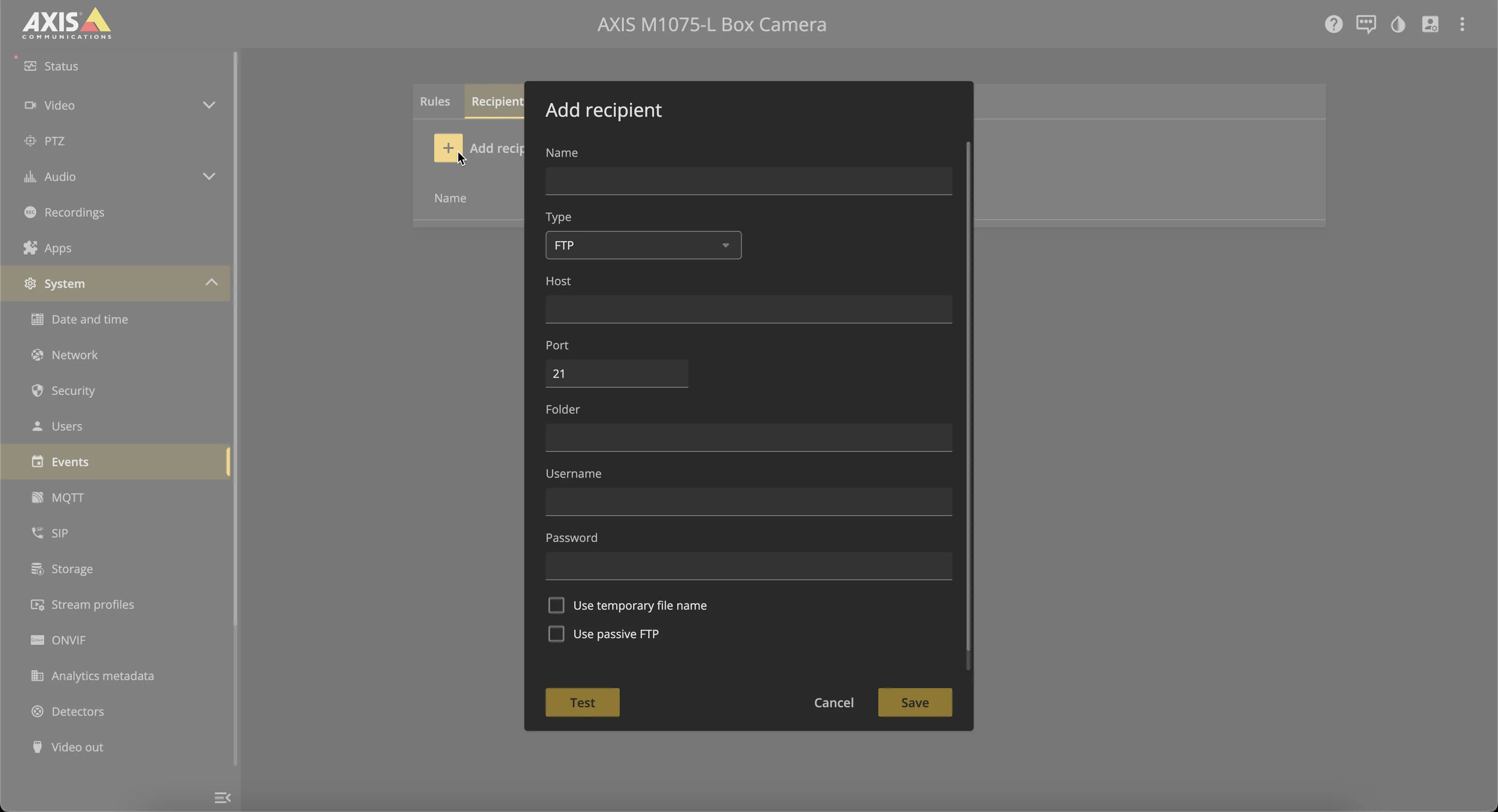 AXIS - System - Events - Recipients - Add Recipients