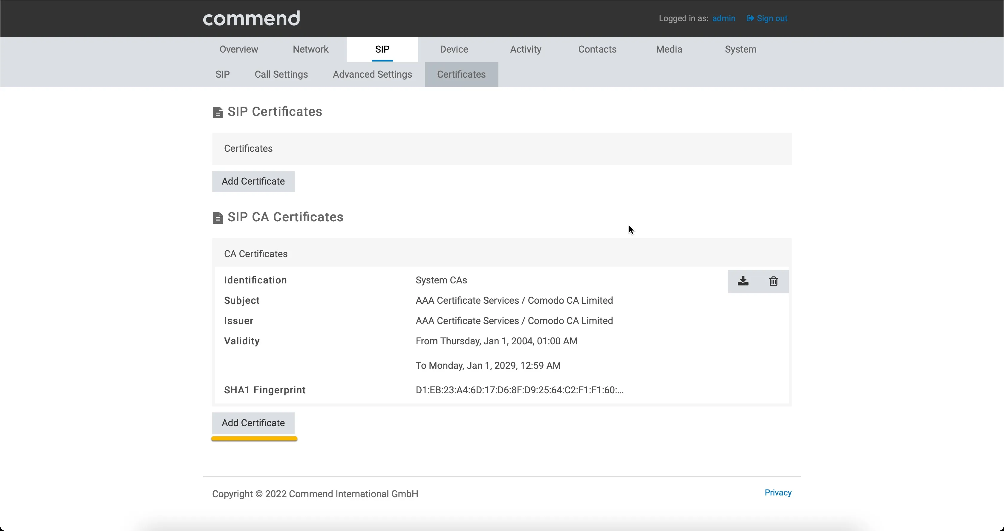 Commend - SIP - Certificate