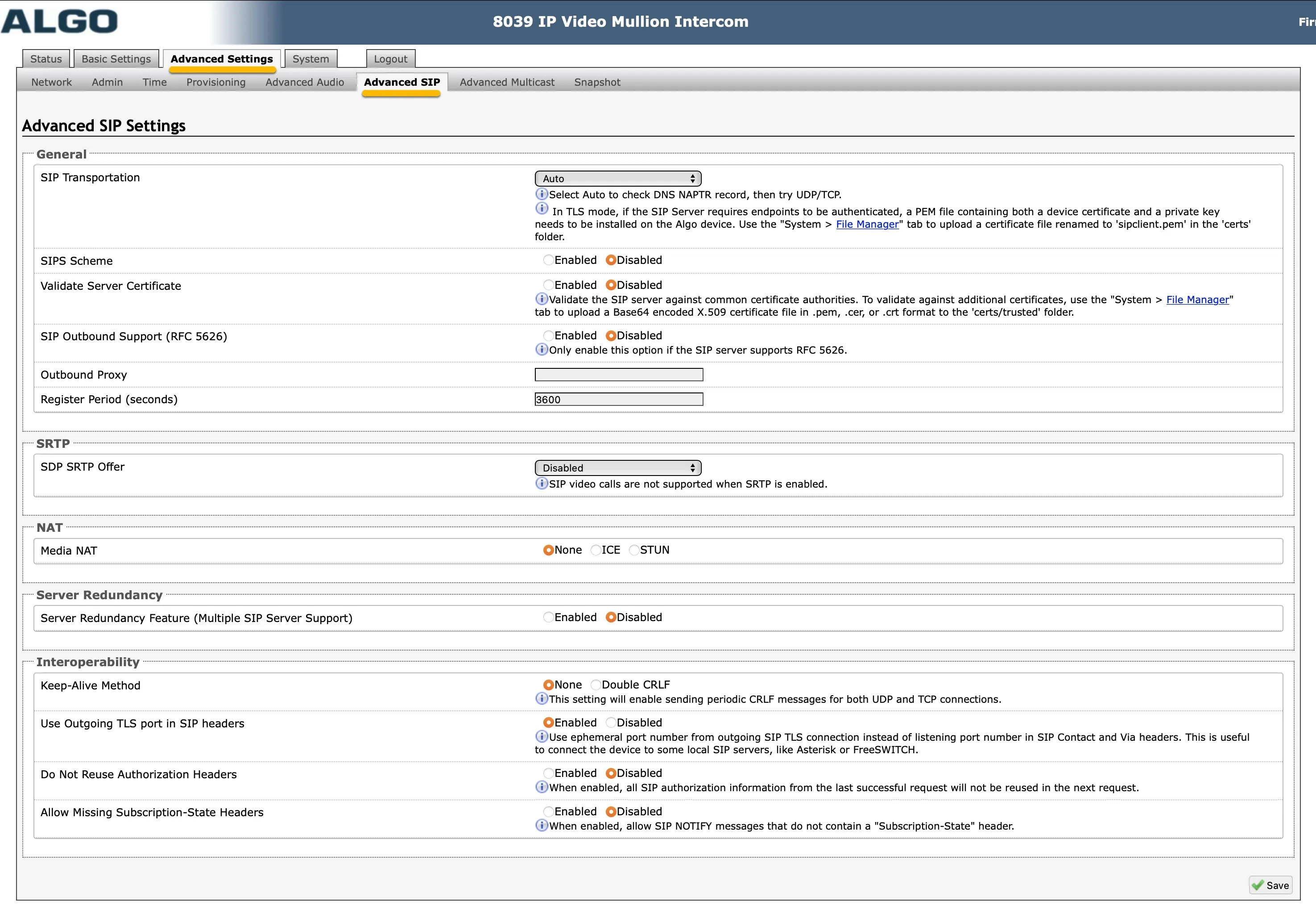 Algo - Advanced Settings - Advanced SIP