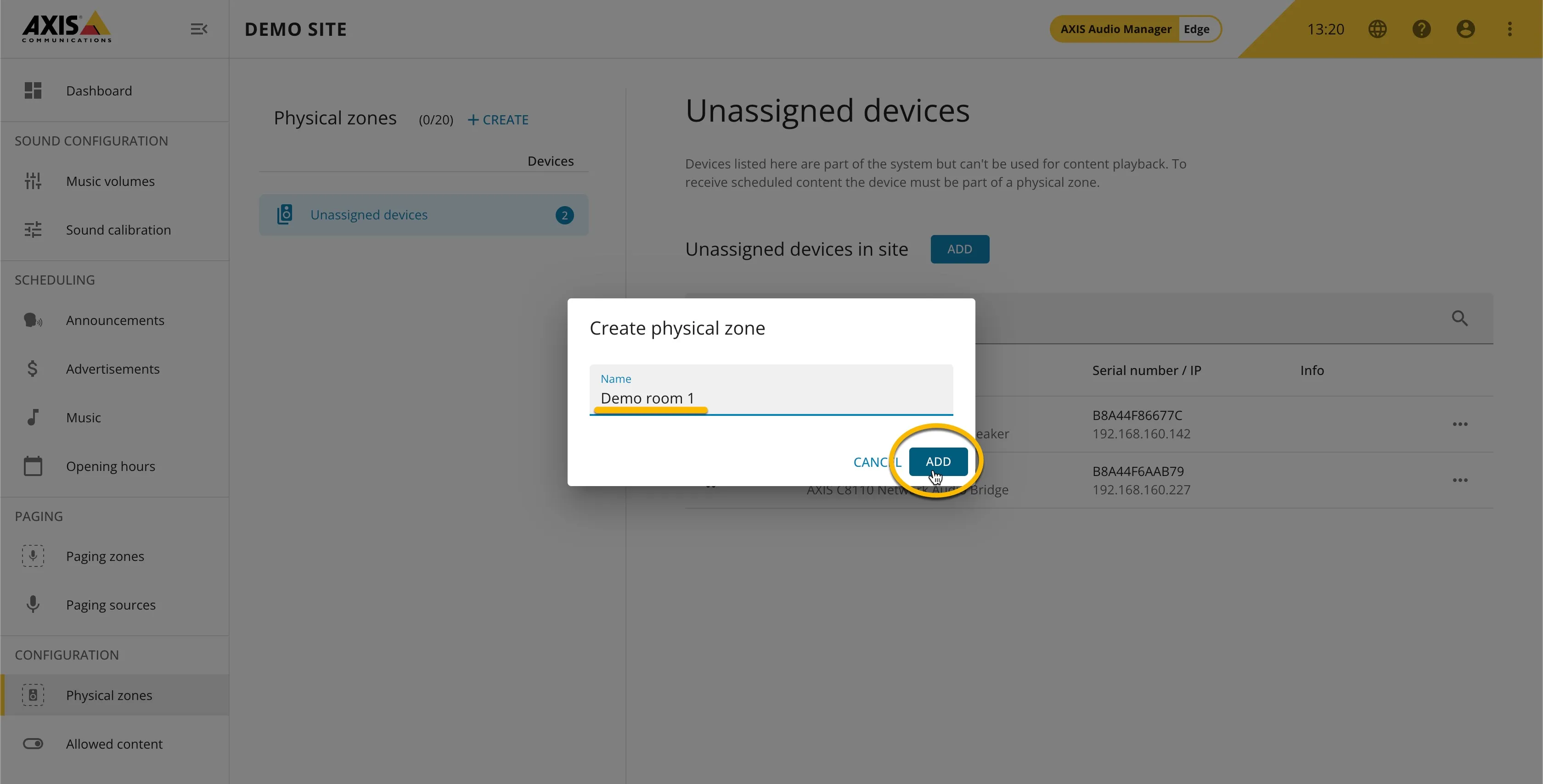 AXIS audio manager Edge - Create physical zone AXIS audio manager Edge - Create physical zone