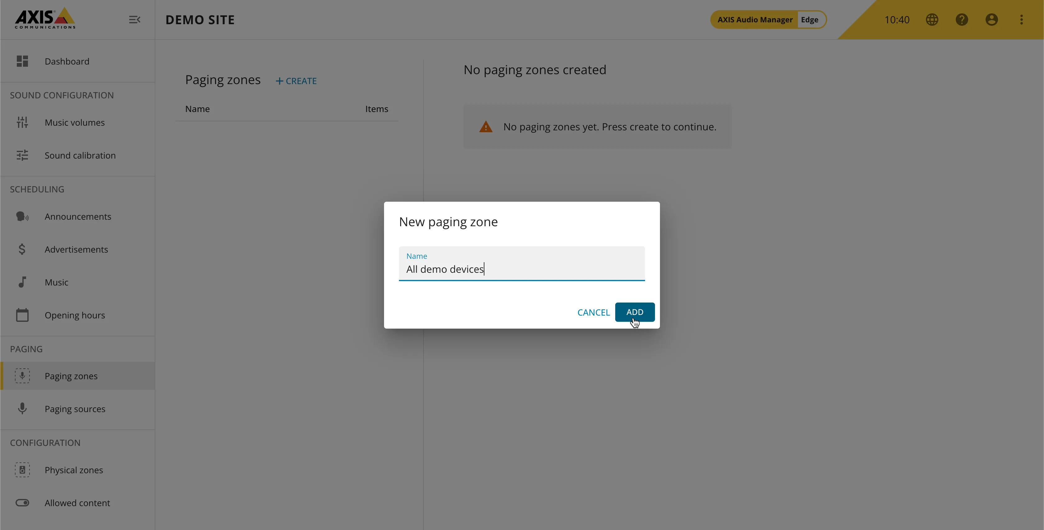 AXIS audio manager Edge - Name paging zone AXIS audio manager Edge - Name paging zone