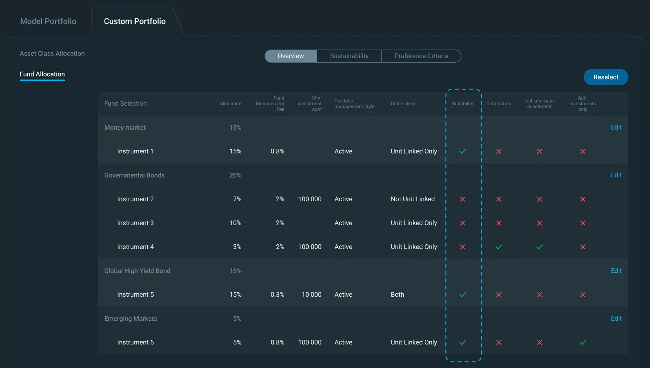 Advanced Suitability Assessment for each instrument can be enabled in the custom portfolio work mode