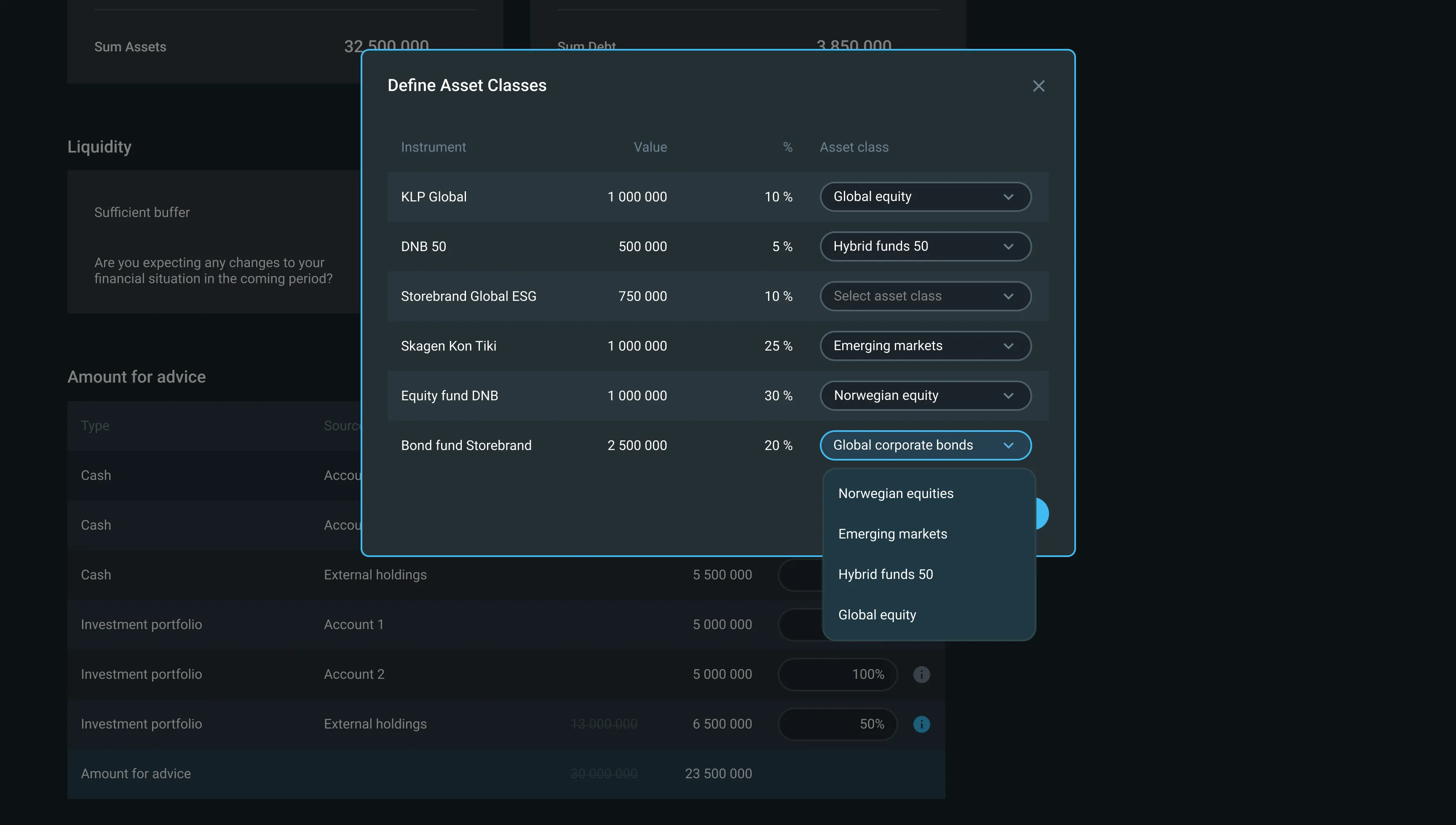 Tag asset classes on financial situation View
