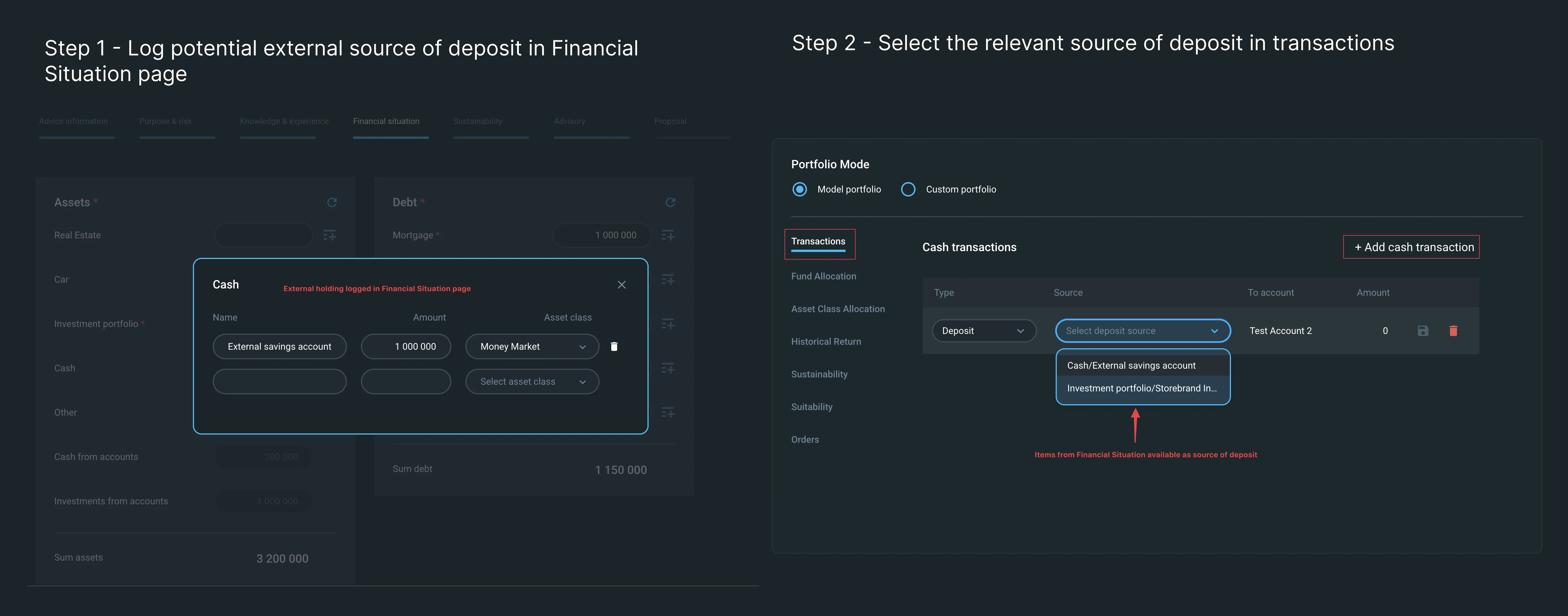 Source of deposit in Model portfolio 