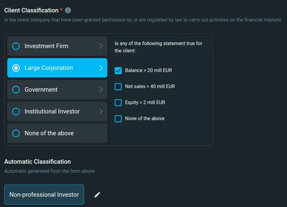 Large corporation classification. Reclassification button shown as pencil