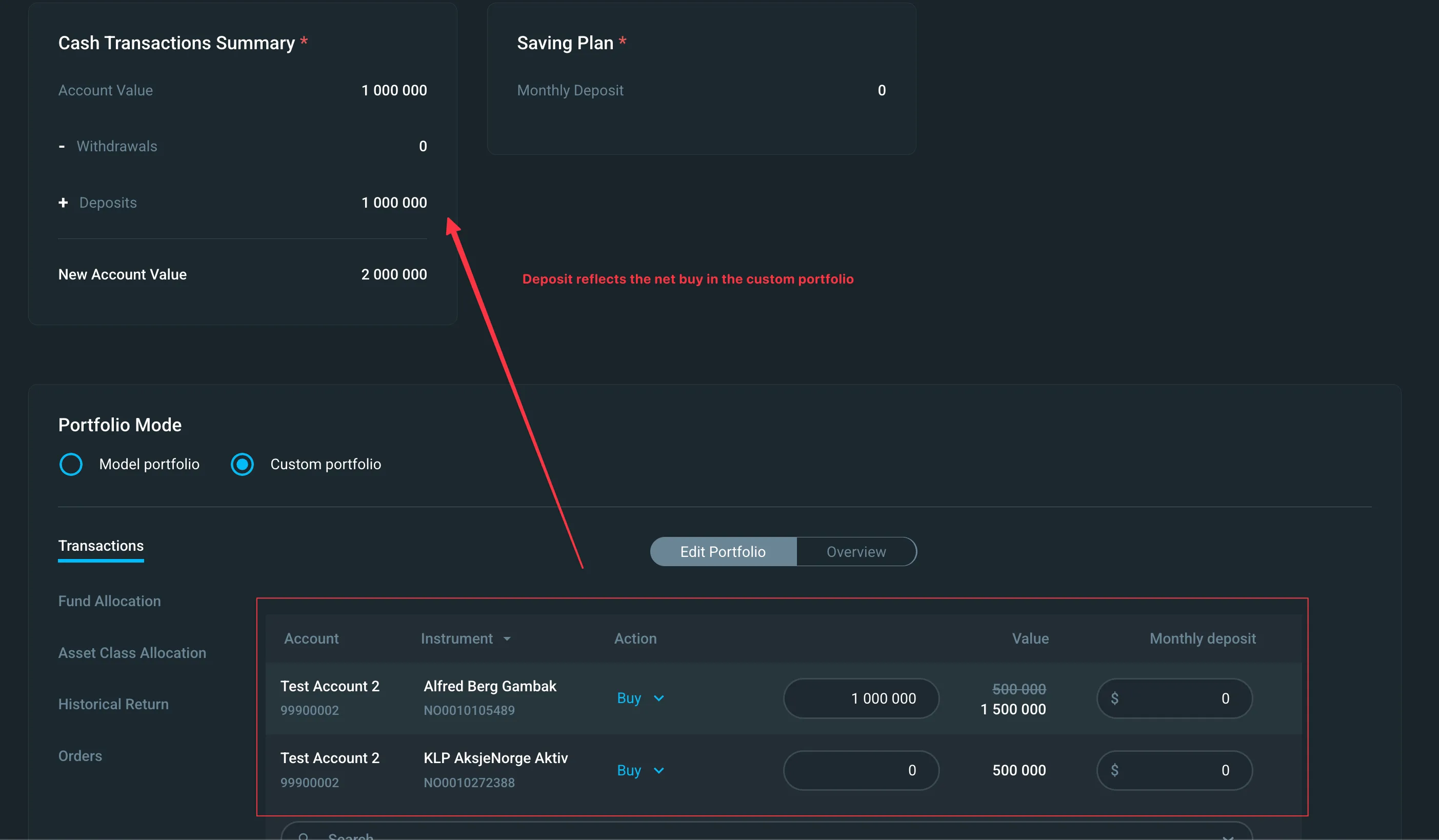 Manual deposit in Custom Portfolio