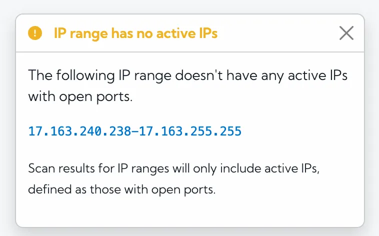 Message indicates the shown IP range doesn't have any active IPs with open ports