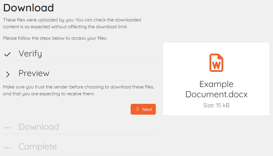 Downlaod screenshot, with an orange 'next' button