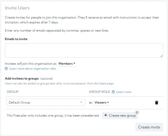 Invite user widget, allows multiple emails to be entered and scan groups assigned.