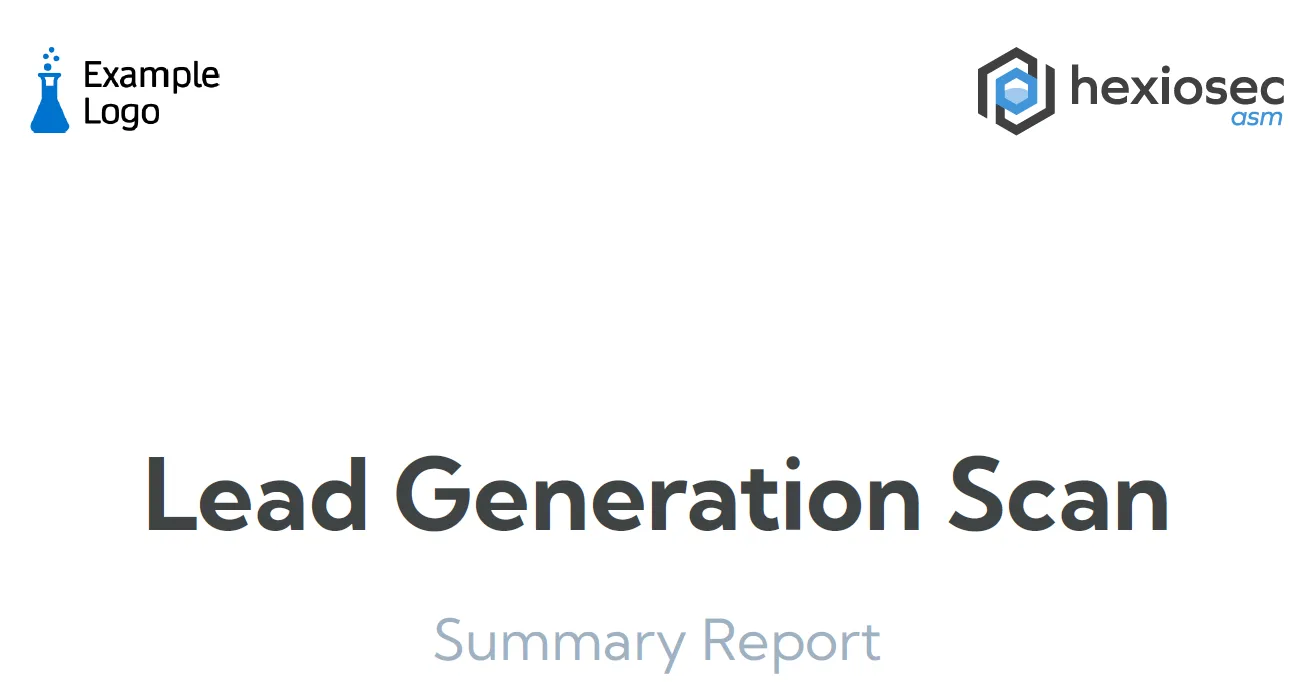Image of top of the summary report front page with the user uploaded logo in the top left corner and the Hexiosec logo in the top right corner.
