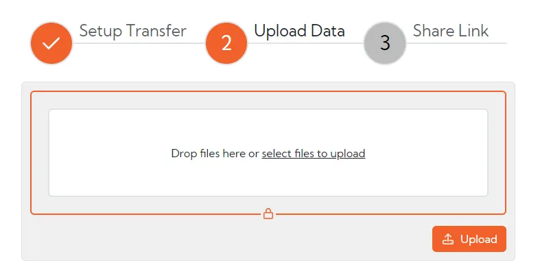 Box with option to drag and drop files or click a link to upload, confirmation button is bottom right
