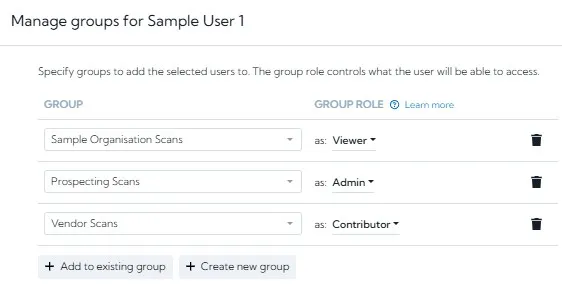 Three scan groups, each with a different access level for the user