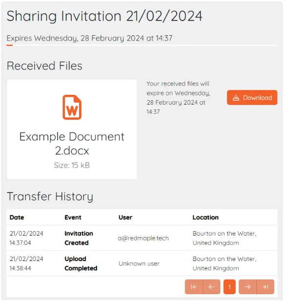 Expiration dates is shown along with an icon for the file and transfer history Expiration dates is shown along with an icon for the file and transfer history