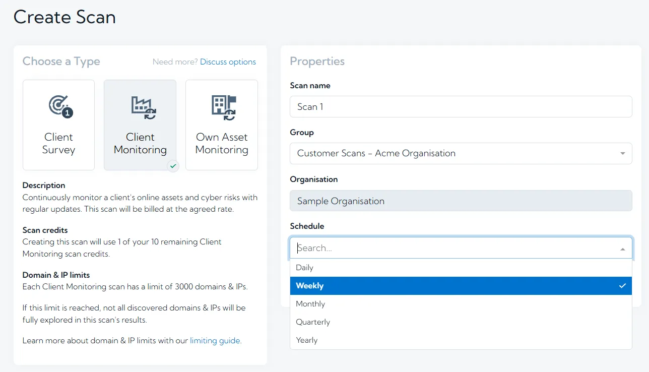 Create Scan page with the options shown for the scan schedule