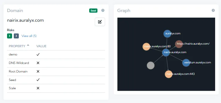 Screenshot showing an example domain on the left, with the graph image showing connections on the right.