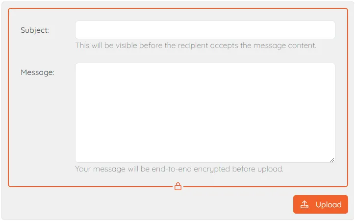 Subject and message labels with associated free text boxes, an upload confirm button is shown at the bottom.
