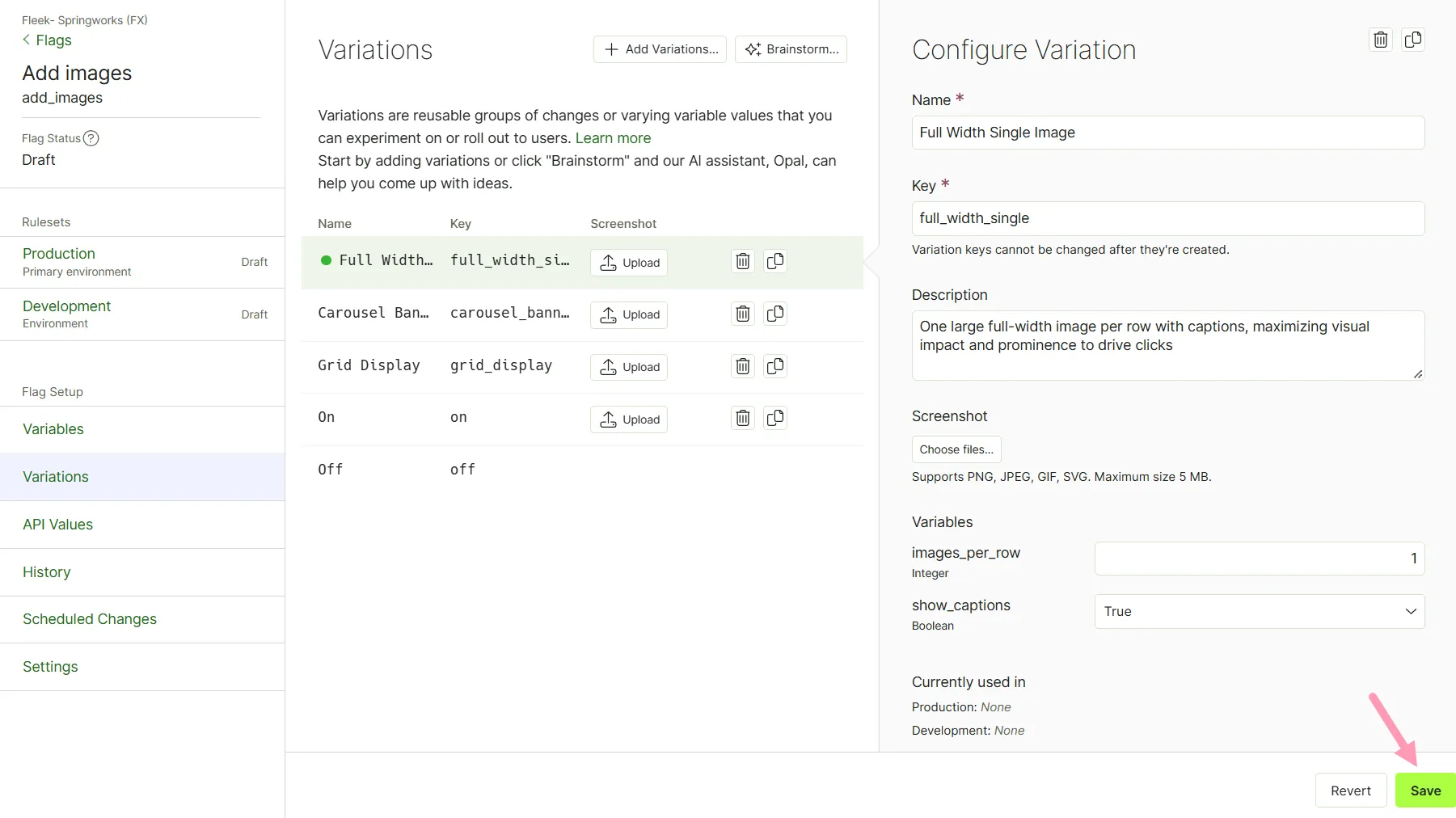 screenshot of the Configure Variation panel where Mark pre-fills the variation details and Save is highlighted
